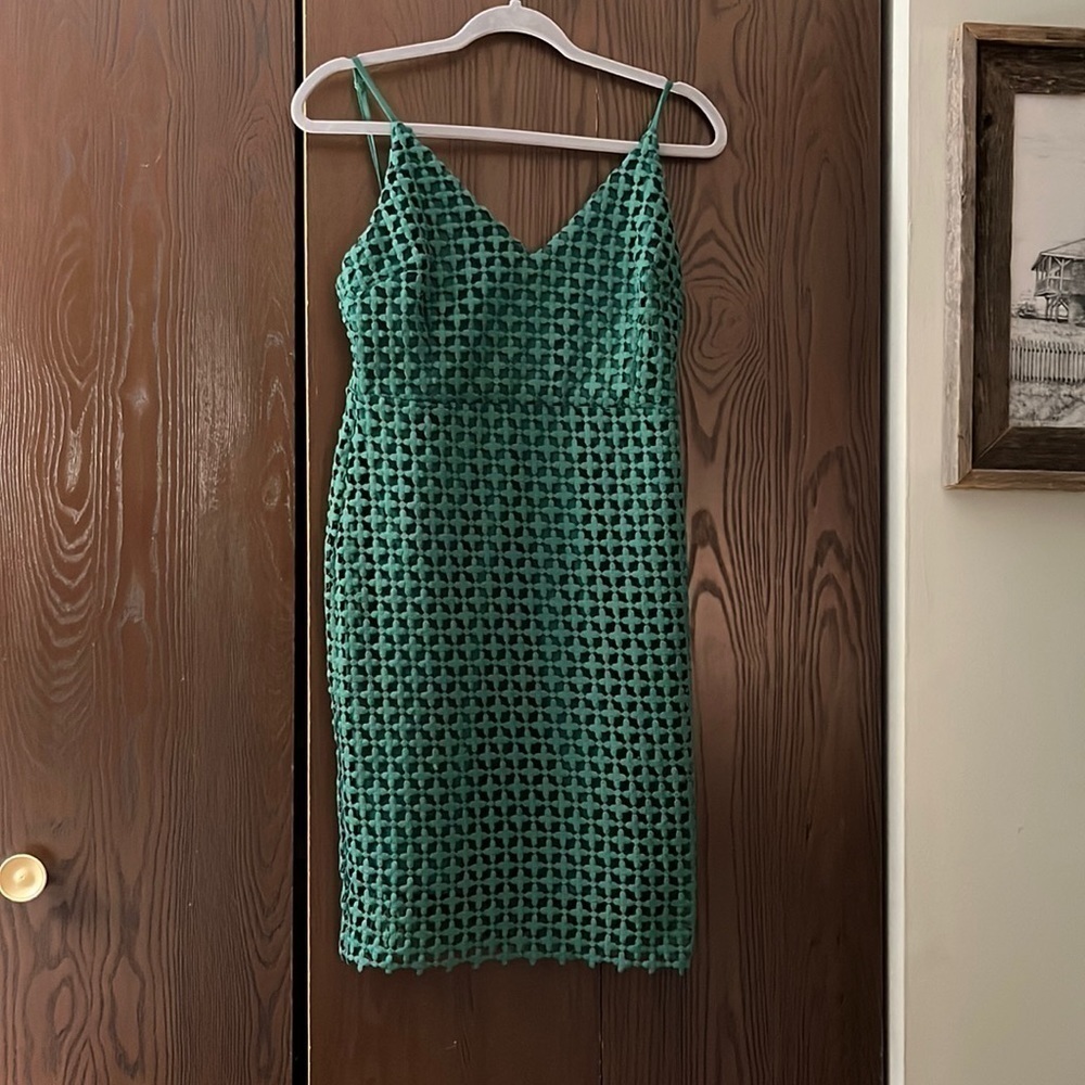 Lulus spaghetti strap dark green dress with cotton crocheted type overlay. S - Picture 1 of 10